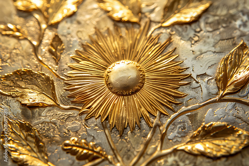 gold coin design, une pice dor lgante prsente un motif de feuilles dolivier autour dun symbole solaire, refltant noblesse et prestige photo
