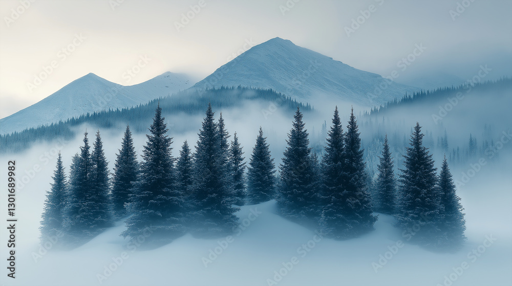 Obraz premium Misty mountain landscape with evergreen trees covered in soft fog
