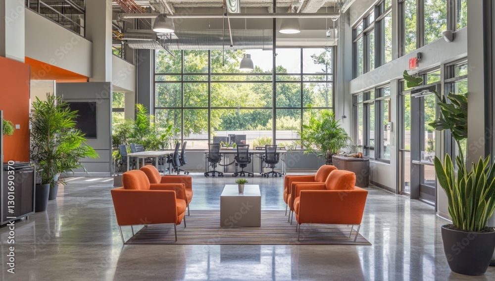 Modern Office Lobby with Natural Light and Orange Seating Modern Office Lobby with Natural Light and Orange Seating