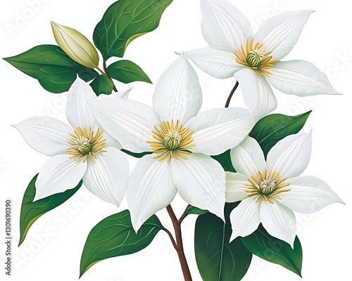 White clematis flowers blooming, isolated, for decoration, design, wallpaper, greeting cards