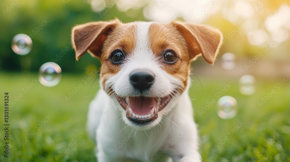 Playful Puppy Chasing Bubbles in a Green Backyard for Marketing Campaigns Playful Puppy Chasing Bubbles in a Green Backyard for Marketing Campaigns