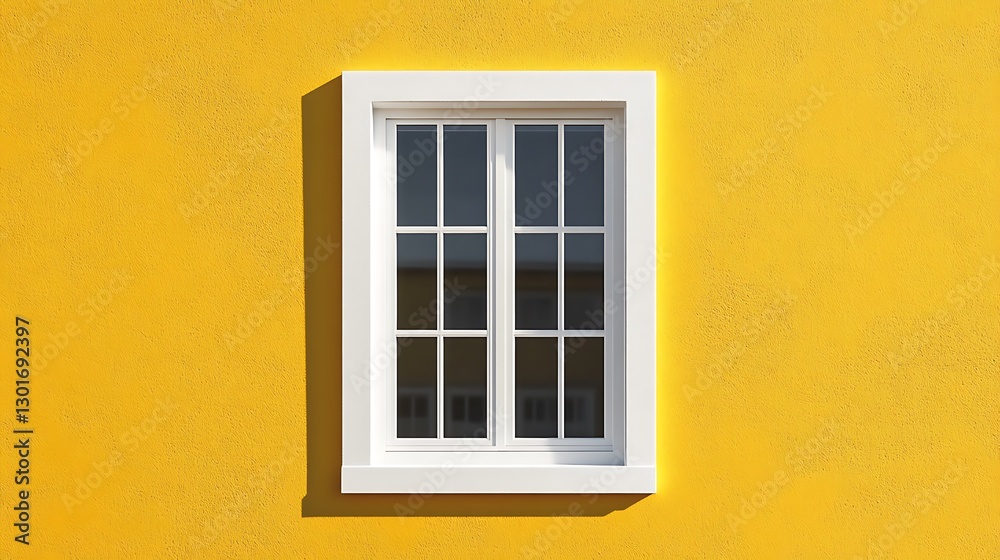 Fototapeta premium White Window on Yellow Wall with Plants / 植物のある黄色い壁の白い窓
