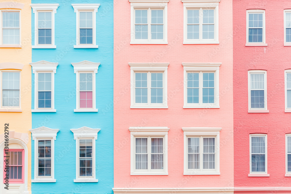 A vibrant facade showcasing colorful buildings with symmetrically arranged windows. A vibrant facade showcasing colorful buildings with symmetrically arranged windows.
