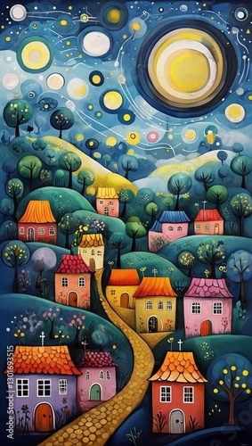 Town under the moon: a bright and unique illustration that combines houses, the moon, and a fairytale atmosphere.