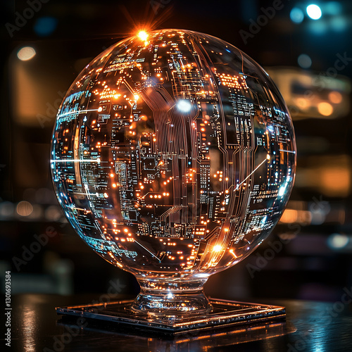 A luminous globe featuring intricate circuit designs and glowing elements, symbolizing technology and innovation.