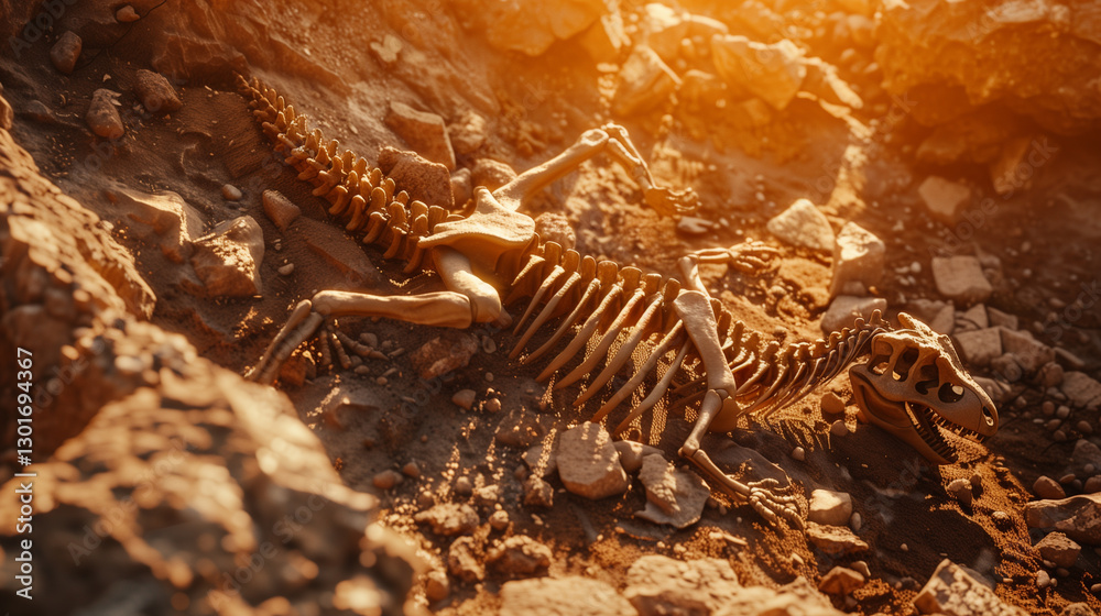 Naklejka premium Fossilized dinosaur skeletons in a rocky excavation site under warm sunlight.