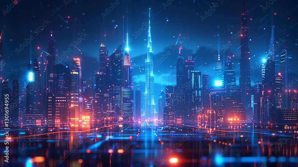 Obraz premium Futuristic cityscape with glowing lights and digital elements at night.