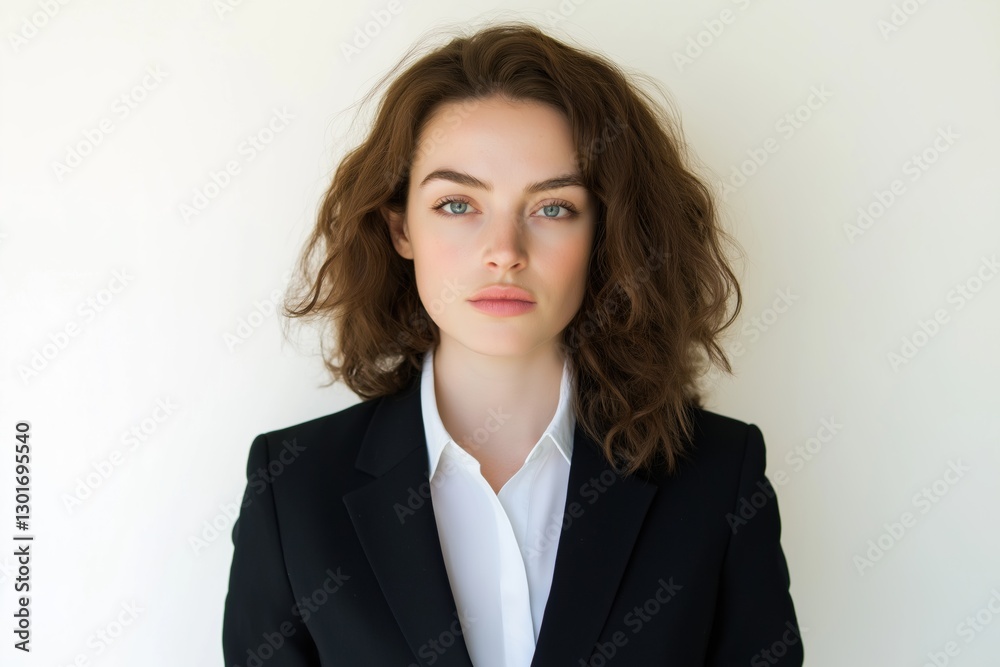 A woman in a black suit and white shirt is standing in front of a white background. She has a serious expression on her face A woman in a black suit and white shirt is standing in front of a white background. She has a serious expression on her face
