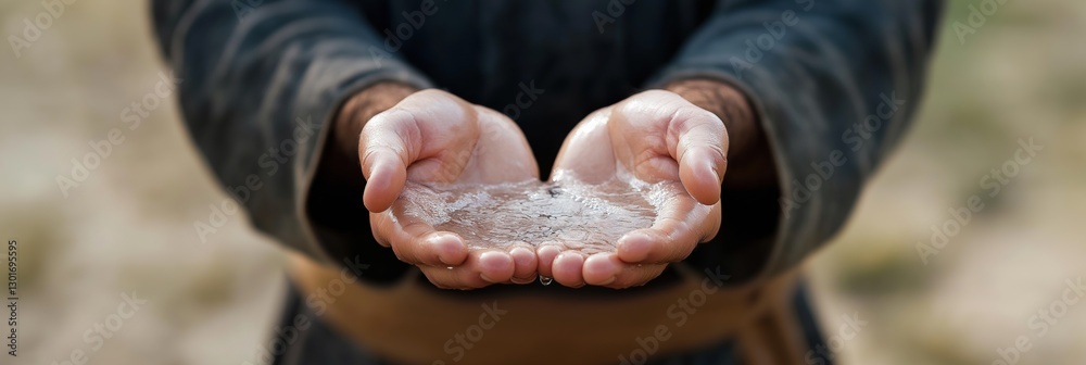 Fototapeta premium A man is holding his hands out to catch something. Concept of anticipation and excitement, as if the man is about to catch a ball or a bird. The hands are open wide