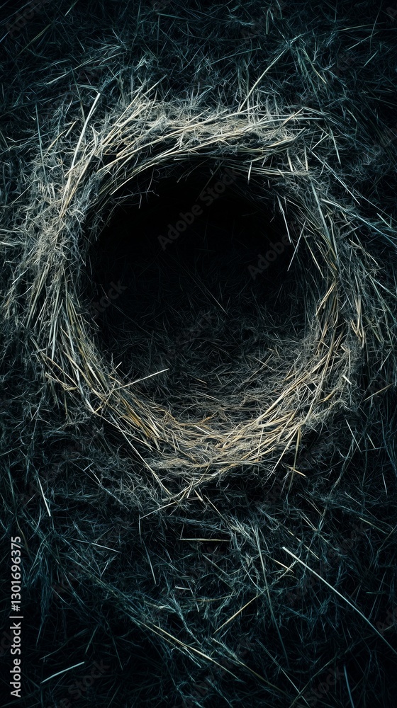 Intricate hay nest on dark background showcasing detailed straw texture Intricate hay nest on dark background showcasing detailed straw texture