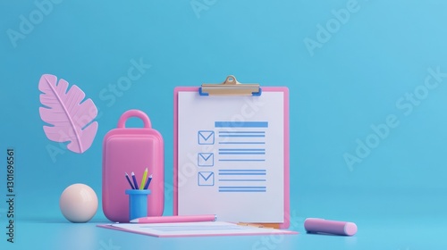 Pink backpack, clipboard checklist, and stationery on blue background.