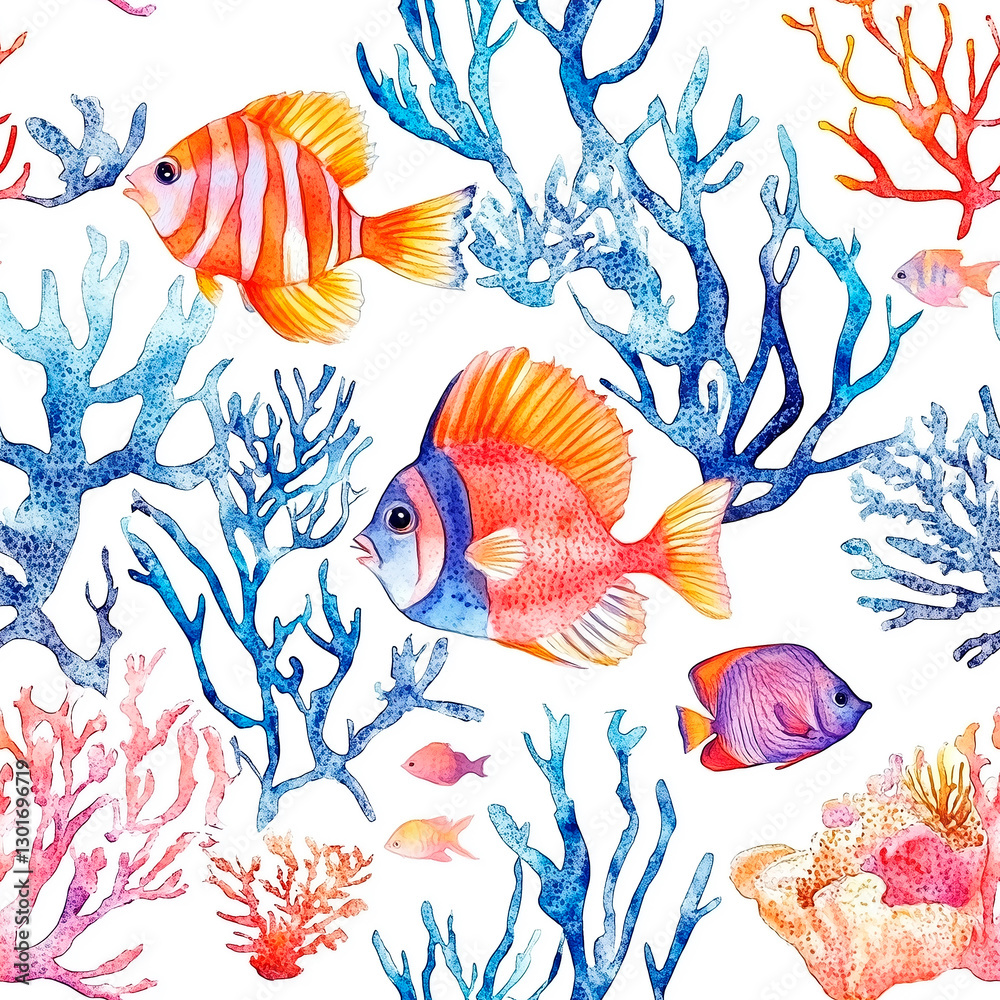 Fototapeta premium Coral and fish watercolor pattern on white background 