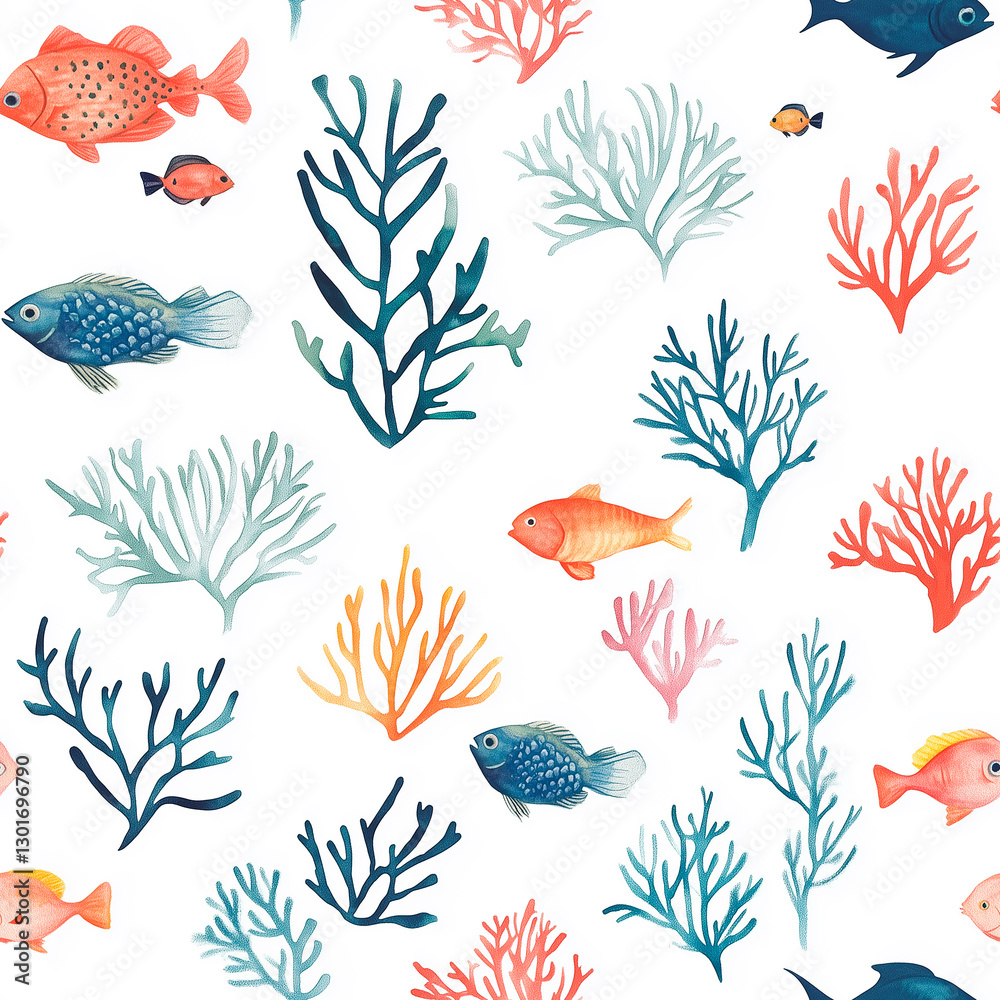 Fototapeta premium Coral and fish watercolor pattern on white background 