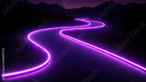 Winding road, neon glow, mountain night, scenic route, digital art