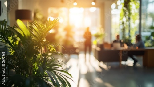 Sunlit Office Oasis: Plants and Blurred Professionals