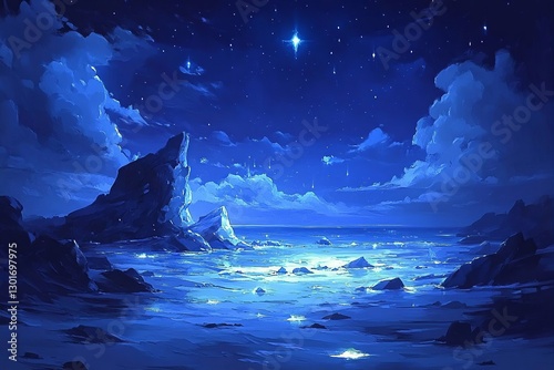 Serene night seascape with shimmering waters, rocky formations, and starry sky above
