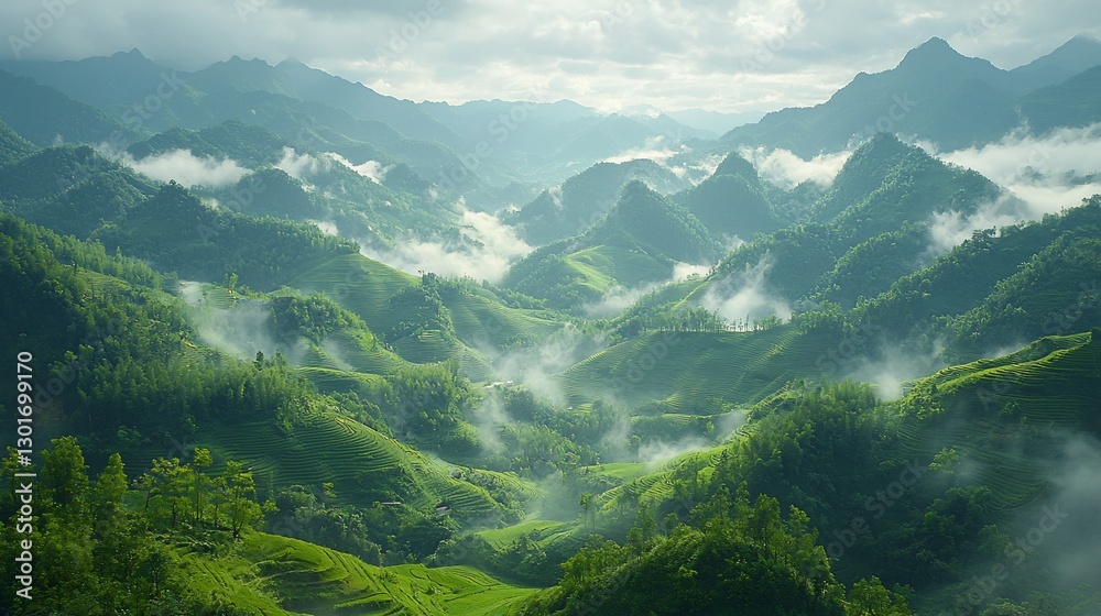 Obraz premium Misty green mountains and valleys landscape.