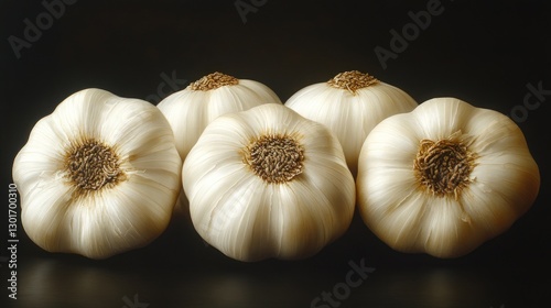 Four garlic bulbs close-up on black background