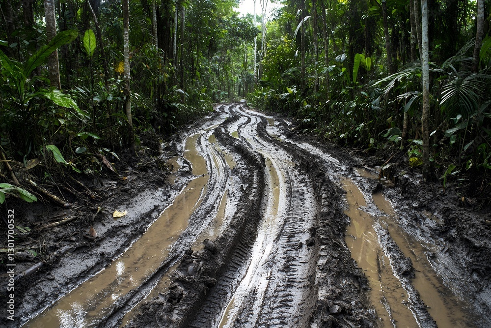 Fototapeta premium Muddy forest trail with tire tracks in lush tropical jungle setting