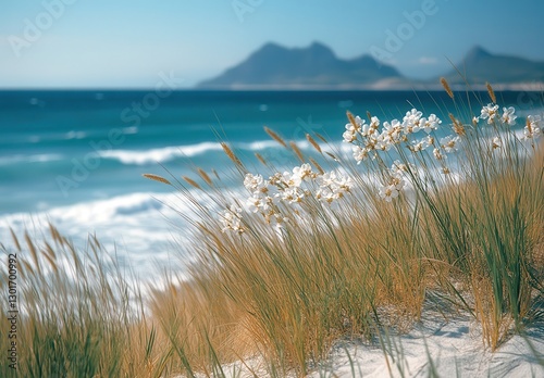 A serene beach scene featuring white flowers and tall grasses, with gentle waves lapping at the shore and mountains in the background.