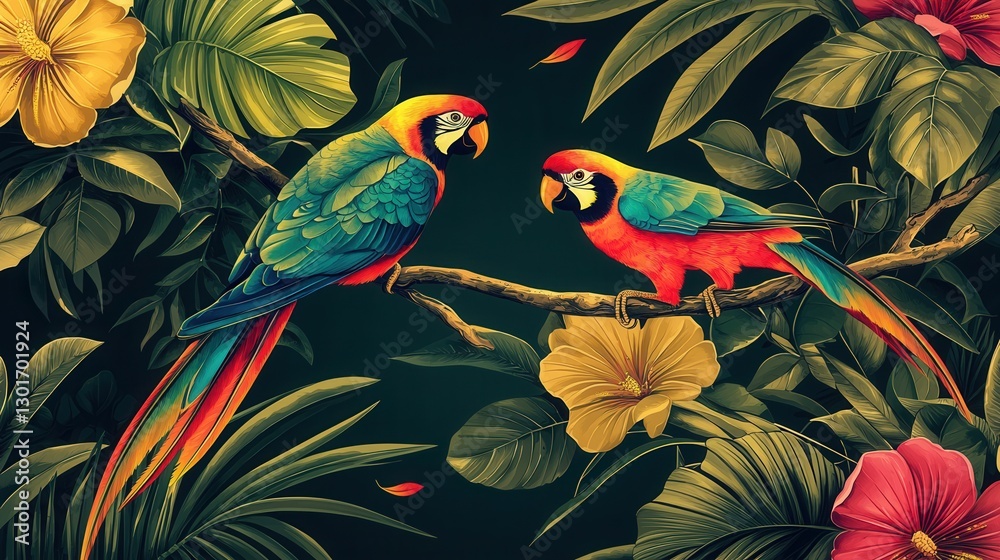Fototapeta premium Elegant and Modern Tropical Themed Wallpaper with Vibrant Parrots Perched on Lush Foliage and Blooming Flowers in a Bright Colorful and Naturalistic Scene