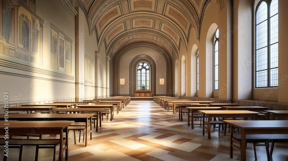 Fototapeta premium Elegant academic hall with wooden desks and arched ceiling design