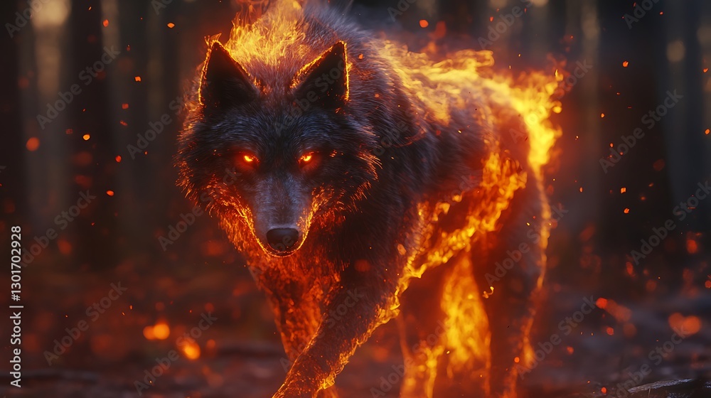 Fiery wolf creature howling beneath a crimson moon image Fiery wolf creature howling beneath a crimson moon image