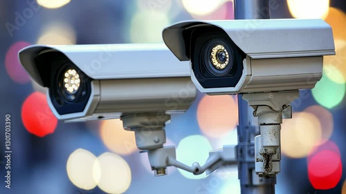 Security cameras monitor urban street activity during evening hours in a bustling city environment