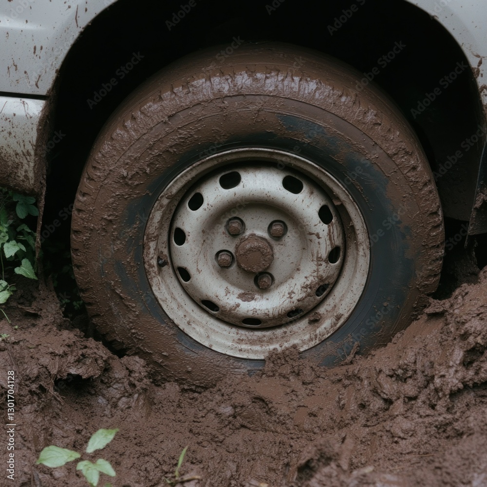 Muddy tire stuck in deep ditch, overgrown vegetation Muddy tire stuck in deep ditch, overgrown vegetation