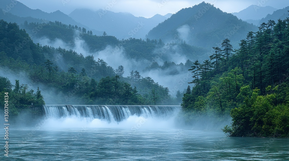 Fototapeta premium Misty mountain waterfall cascading into river, serene nature landscape
