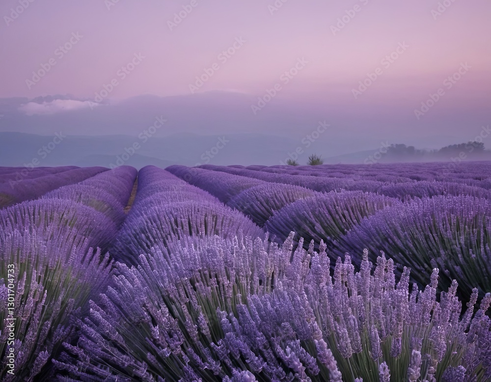 Obraz premium Breathtaking lavender fields in serene hues of purple at dawn, creating a tranquil and picturesque landscape.