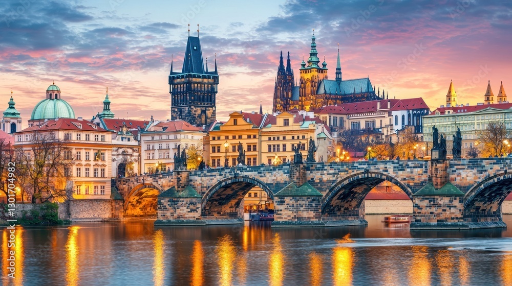Fototapeta premium Scenic Prague cityscape at sunrise, featuring Charles Bridge and Prague Castle.