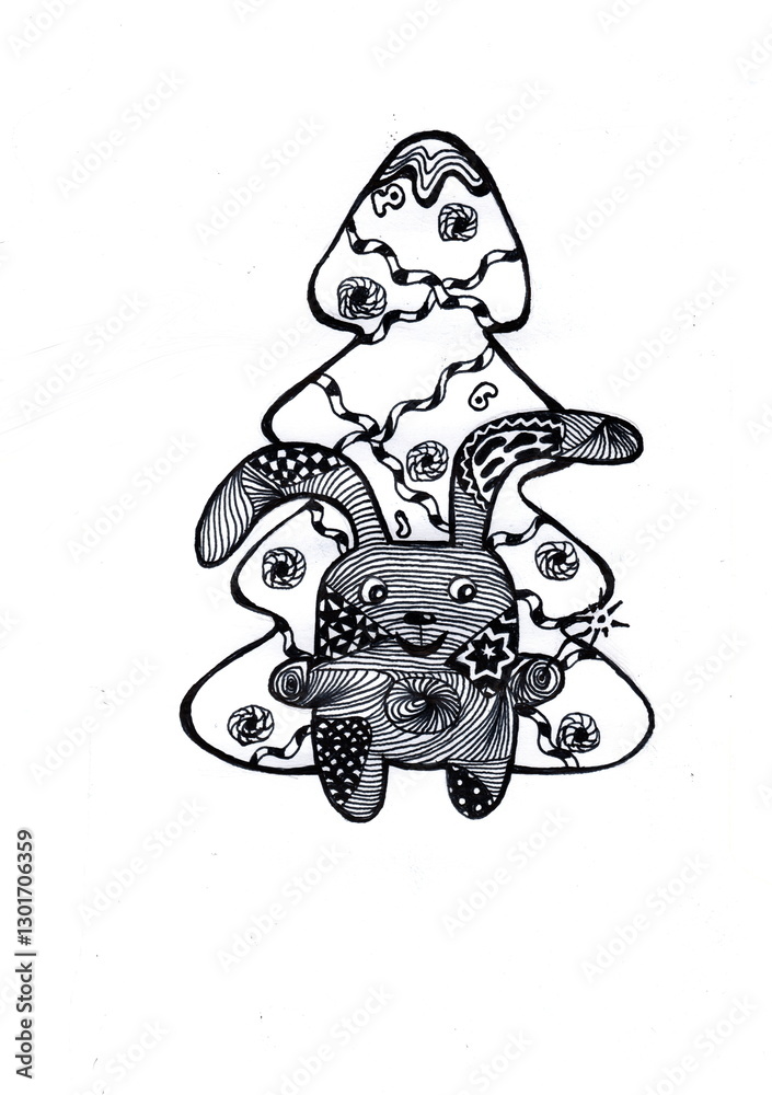 Obraz premium Illustration of a bunny on the background of a Christmas tree, drawn with a black liner.