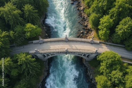 Aerial View of Ornate Stone Bridge Over Rushing River with Lush Greenery