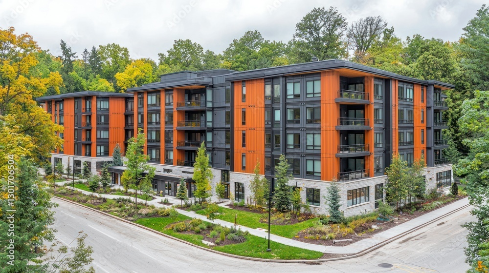 Modern apartment building exterior with landscaping and street view in autumn