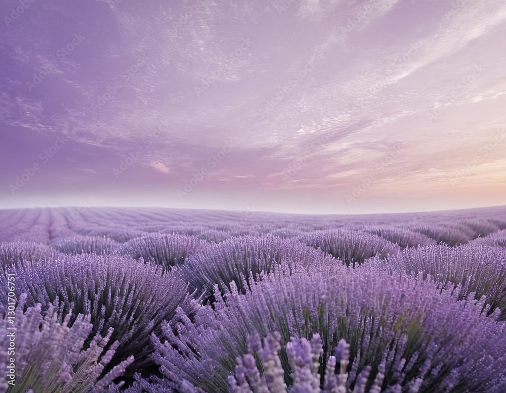 Obraz premium A serene lavender field under a pastel sunset, evoking tranquility and natural beauty.