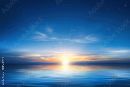 Sunrise over sea, calm ocean, reflection. Sky full of stars. Tranquil moment for meditation