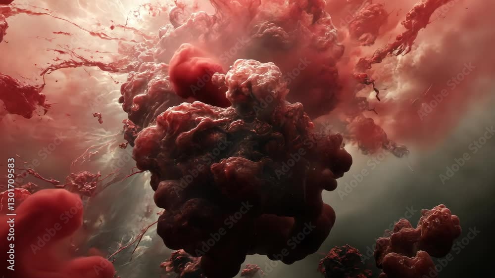 Evocative red cloud formations rising dramatically in an ethereal background of swirling mist and shadows