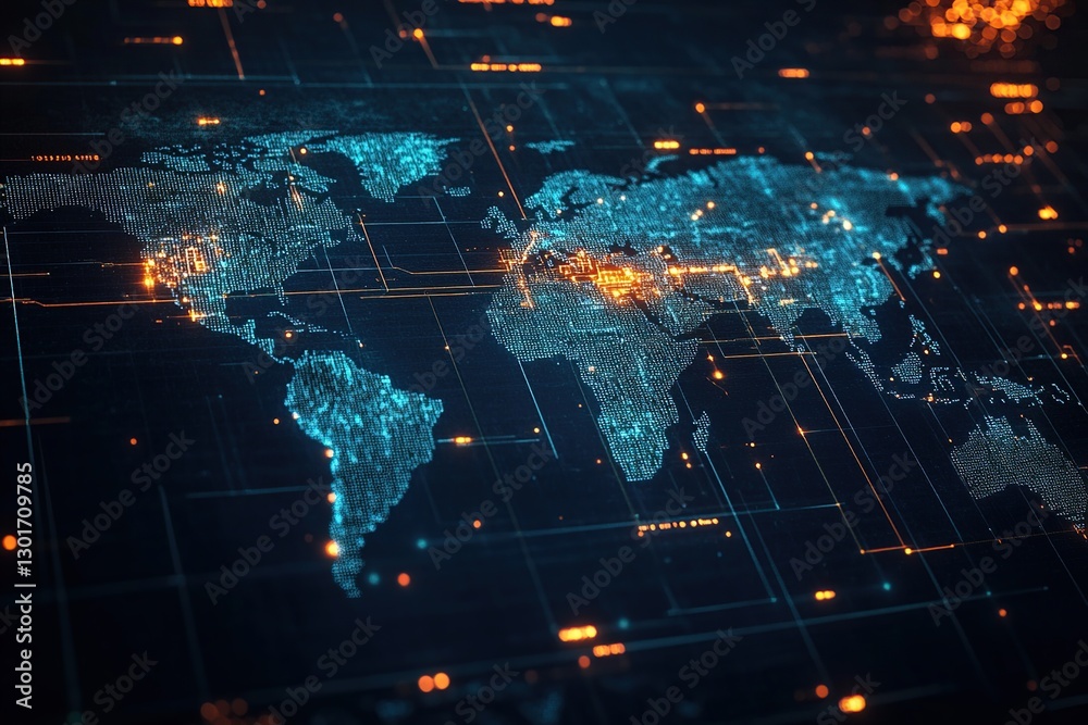 Glowing Digital World Map Network Technology Glowing Digital World Map Network Technology