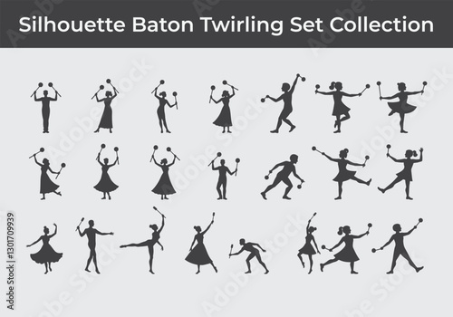 Set of black baton twirling silhouette design Icon vector logo illustration isolated on white background
