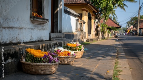 Colorful flower baskets on street, Bali village. Travel, culture