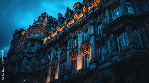 Illuminated ornate building facade at twilight.