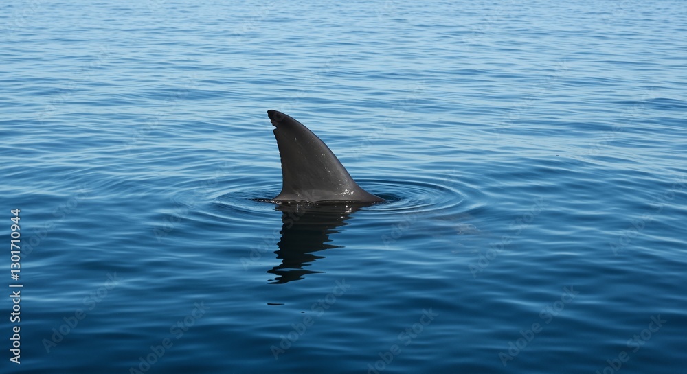 Fototapeta premium Shark dorsal fin breaking the surface of calm ocean waters evoking a sense of tranquility and mystery