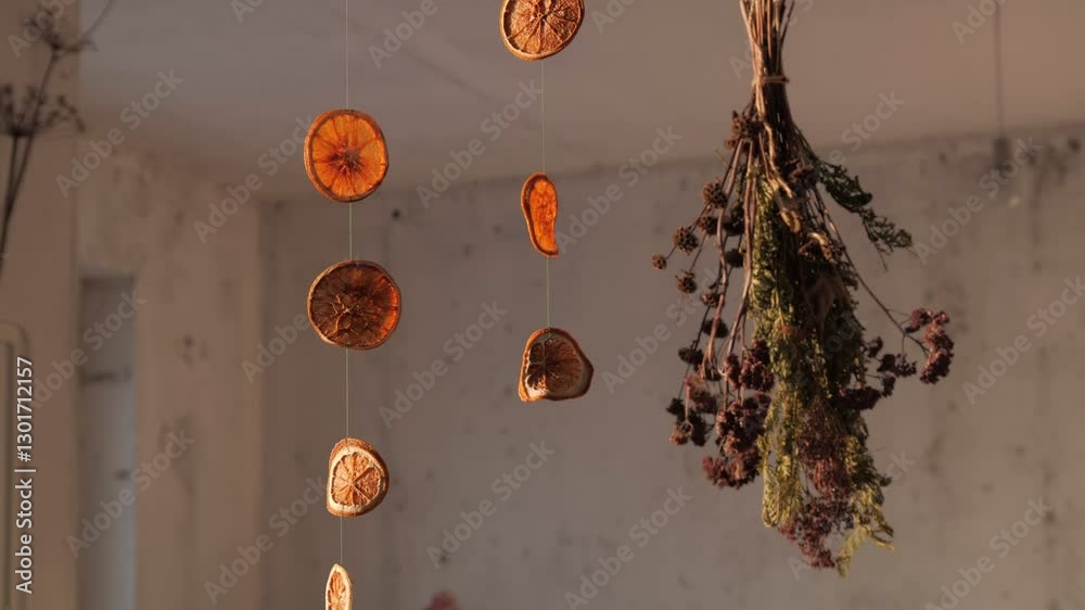 Hanging dried orange slices and herbs as rustic home decor