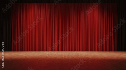 Empty stage with red curtains closed in a darkened theater awaits a live performance tonight