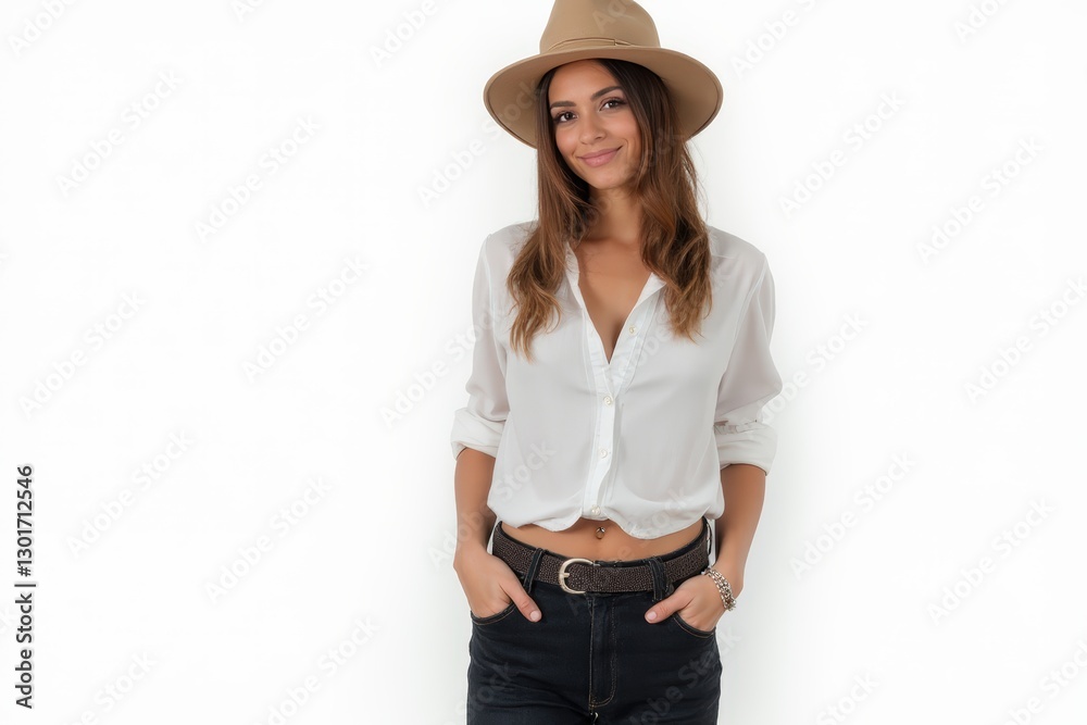 Half-Length (Waist-Up) portrait of young stylish smiling Albanian female model in western wear isolated on pure white background looking at camera Half-Length (Waist-Up) portrait of young stylish smiling Albanian female model in western wear isolated on pure white background looking at camera