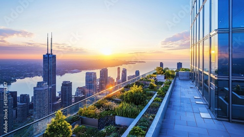 Rooftop garden with city skyline sunrise view.