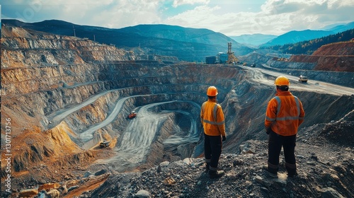 Caucasian male workers overseeing open-pit mine operations in a vast quarry landscape