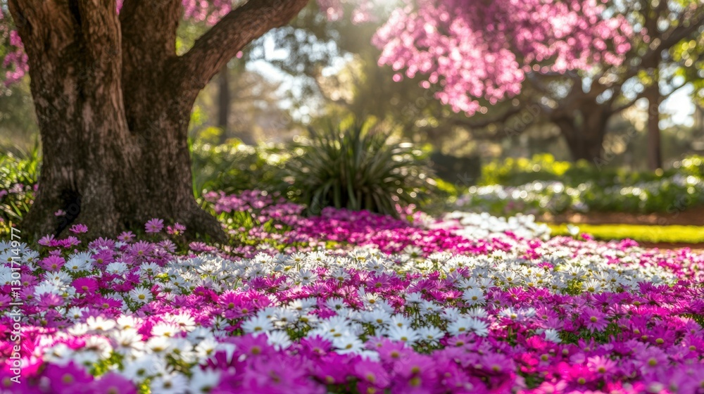 Spring blossoms carpet a park under blooming trees Spring blossoms carpet a park under blooming trees