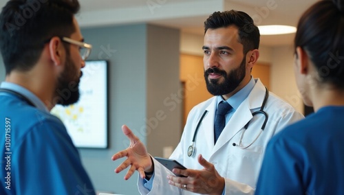 Middle Eastern Male Doctor in Crisp White Coat, Explaining with Gestures in Hospital Reception